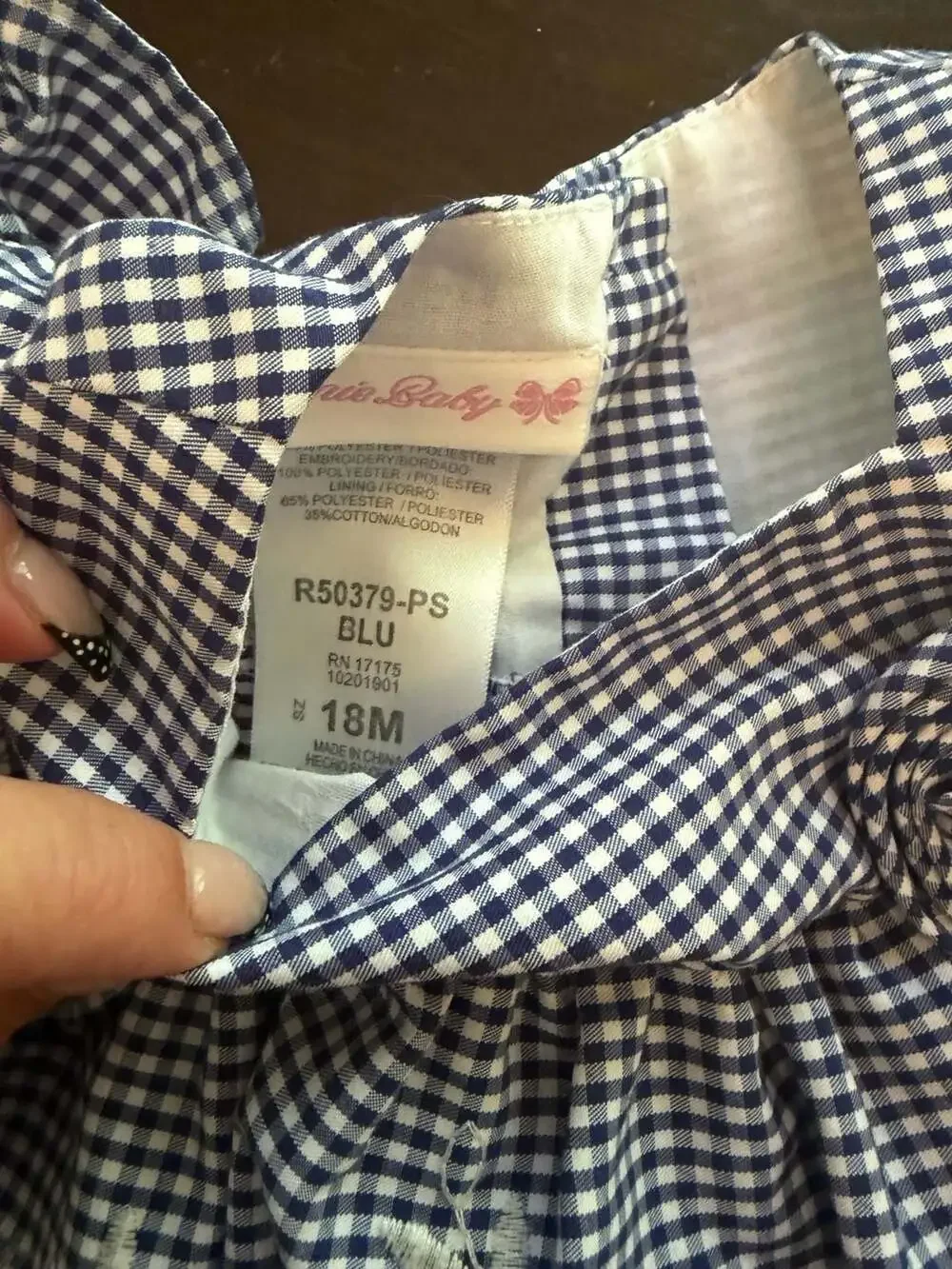 Bonnie Baby Navy Blue Gingham Floral Embroidered Hem Dress Size 18M